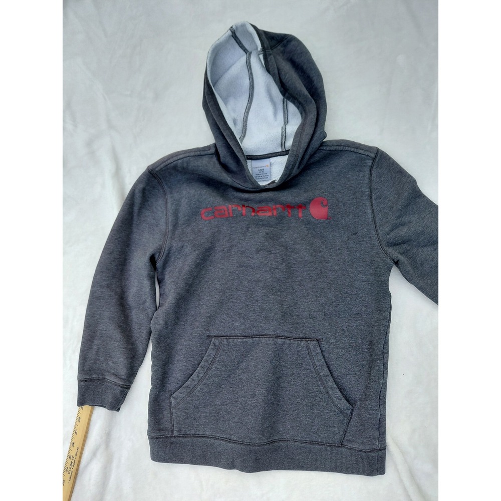 Carhartt Girls L 14-16 Gray Heather Red Logo Pullover Fleece Hoodie Sweatshirt